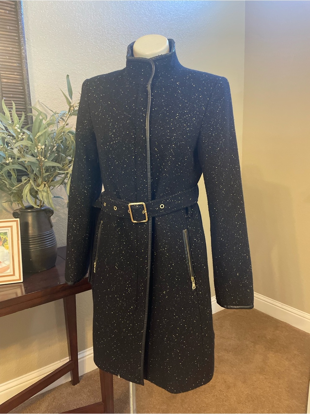 Vince Camuto Woman’s Black Tweed Belted Coat